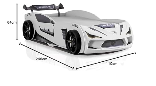 Aileenstore Autobett Kinder Kinderbett Rio 90x200 Rennwagenbett inkl. Lattenrost LED-Leuchte Spoiler (ohne Matratze, Weiß ohne Sportsitze)