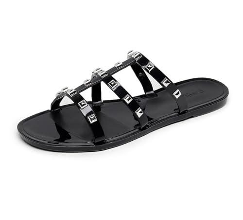 Image of Women Flats Sandals, Studded Jelly Shoes Size 9 Red Dressy Summer Beach Rivets Strappy Jellies Slide Slip On Open Toes