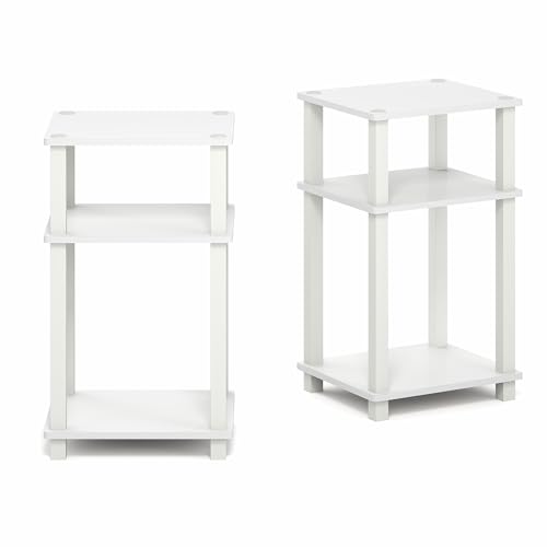 Image of Furinno JUST Side Table Set of 2, 3-Tier Open Shelf Modern End Table, Toolless Assembly Night Stand, Bedside Table with Square Tube, for Living Room, Bedroom, White