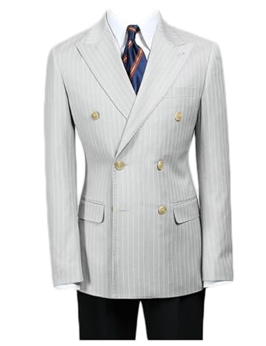 Men's Double Breasted Peak Lapel Jacket Twill Stripes Blazer Sport Coat for Spring Summer Wedding Party