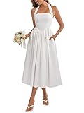Parthea Women's Summer Halter Corset Midi Dress 2025 Elegant Smocked Flowy Wedding Guest Dresses with Pockets White