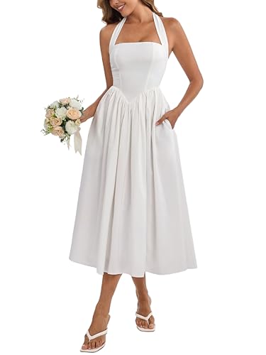 Parthea Damen Sommer Halfter Korsett Midi Kleid 2025 Elegant Gesmokt Flowy Hochzeit Gäste Kleider mit Taschen, Weiss/opulenter Garten, Klein