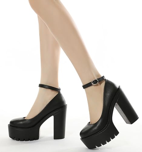 Image of Ulalaza Women Mary Jane Dress Pumps Lolita Shoes Cute Platform Gothic Double Ankle Strap Round Toe Chunky Heel Uniform Pumps Shoes Perfect for School Party Business Work Dance Date Night Club