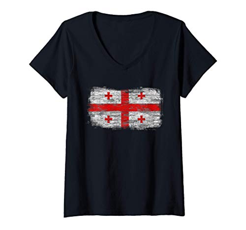 Mujer Bandera nacional rústica de Georgia Camiseta Cuello V