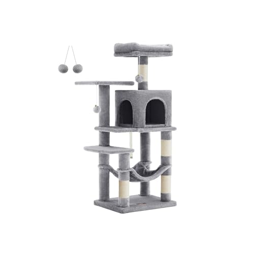 Image of Feandrea Cat Tree, 44.1-Inch Cat Tower, Plush Multi-Level Condo with 4 Scratching Posts, 2 Perches, Hammock, Cave, Light Gray UPCT261W01