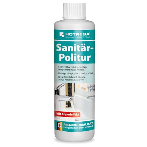 HOTREGA Sanitär-Politur 250 ml | Mit Abperleffekt | Entfernt hartnäckigen Schmutz und feine Kratzer | Für Edelstahl, Chrom, Keramik, Acryl, Glas uvm.