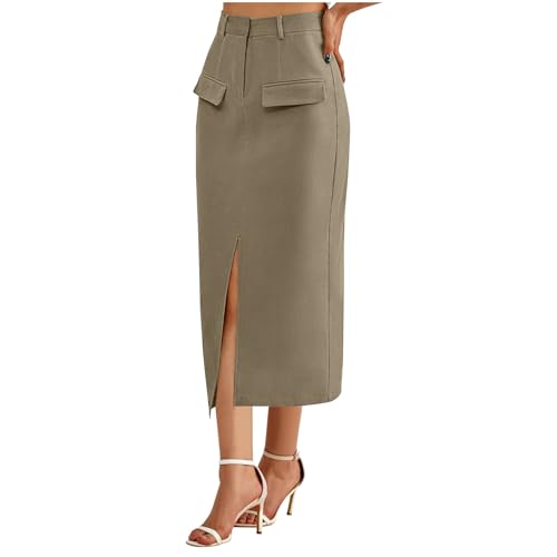 Women Cotton Cargo Midi Skirt Front Slit Fake Pockets Zip Up Unique Pencil Skirt Dressy Casual Business Tight Skirts4