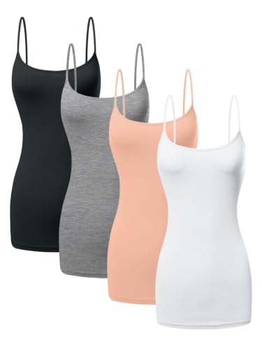 Image of Women's Long Cotton Camisole Spaghetti Strap Tank Top | 95% Cotton 5% Spandex Longline Basic Cami Undershirt with Adjustable Straps