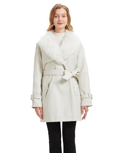Women Faux Leather Trench Long Coat wiht Fur Collar,Mid Length Double-Breasted Overcoat Jacket Fur Lined4