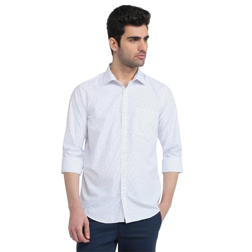 Image of Park Avenue Men Slim Fit Print Pattern Poly Cotton Blend Semi Cutaway Collar Full Sleeve Formal Shirt Blue