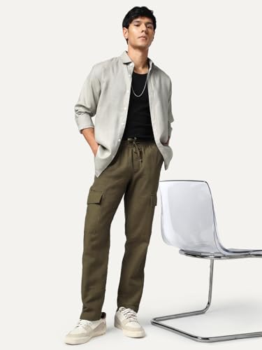 Image of Urbano Fashion Men's Straight Fit Linen Cargo Pants with 6 Pockets