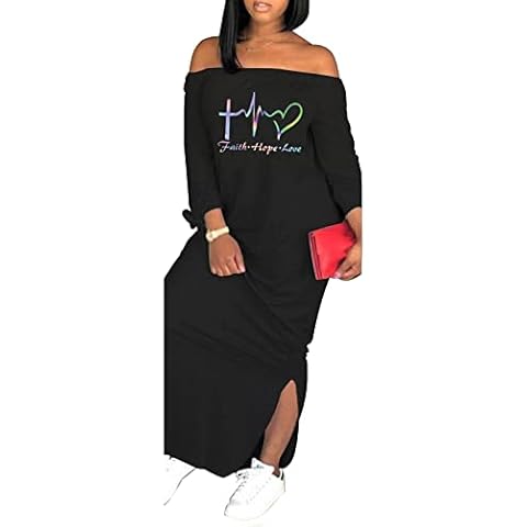 Women's Casual Off Shoulder Maxi Dress - African Print Summer 3/4 Sleeve Long T Shirt Dresses with Pockets, Black-c, Large Cover