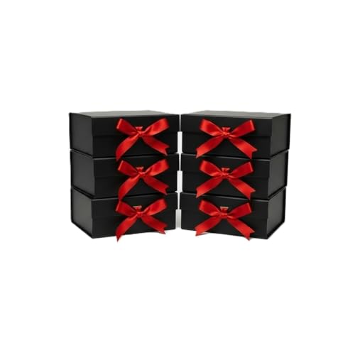 Image of Awestuffs Premium Black Gift Boxes with Red Ribbon, Decorative Gift Packaging Boxes (23 x 16 x 10 cm) for Hampers, Return Gifts, Weddings, Birthdays & Corporate Gifts (Pack of 6)
