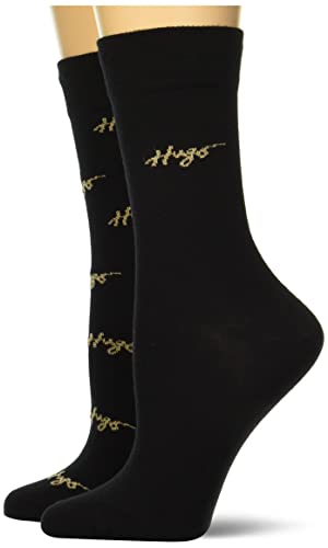 Image of HUGO Womens Two Pack Script Logo Gift Set Casual Sock, Coal /Gold Script, 3-9 US