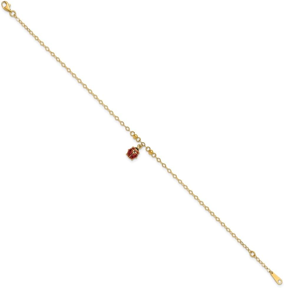 Solid 14k Yellow Gold Adjustable Enameled Ladybug Anklet 10"