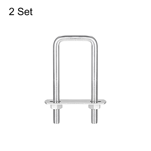 Image of uxcell Square U-Bolts, 2 Sets 36mm(1.42 inch) Inner Width 100mm Length M8 304 Stainless Steel U Clamp Bolt with Nuts and Plates, for Boat Trailer
