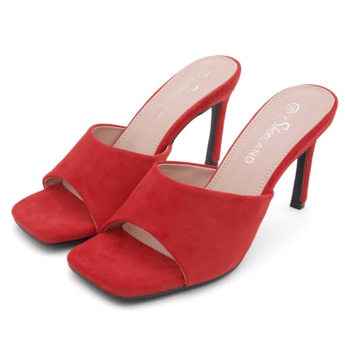 Image of Shoe Land Melrose Women's High Heels Stiletto Heeled Slides, Square Open Toe One Band Slip-On Heeled Mules - Dressy Clear Heeled Sandals for Prom Party Wedding and Vacation
