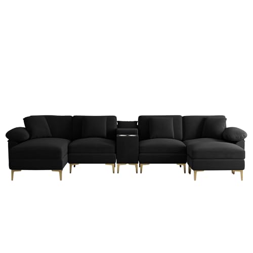 Image of OUYESSIR U-Shaped Sectional Sofa Couch, 4 Seat Sofa Set for Living Room, Convertible U-Shaped Velvet Couch Set with USB Port Central Console Ottoman,128 inches (Black)