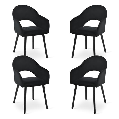 Goeurvant Dining Chairs Set of 4, Upholstered Chairs with Armrests& Wooden Legs, Velvet Upholstered Ergonomic Side Kitchen Chair, Living Room Chair for Dining Room and Kitchen, Black