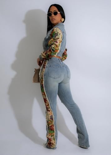 ksotutm 2 Piece Set for Women Long Sleeve Jean Jacket Top and Ripped Jeans Denim Set Patchwork Denim Outfit3