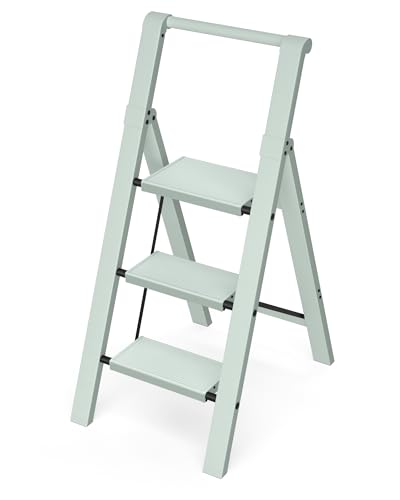 Taranta 3 Step Ladder,Lightweight Aluminum Step Stool with Convenient Handgrip, Folding Ladder with Anti-Slip Pedals, 330lbs Capacity Stepladder for Home, Office, Kitchen-Fairyland Green