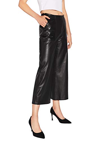 Women's Real Leather Pants High Waist Leather Wide Leg Pants Black SmartUniverseWear2