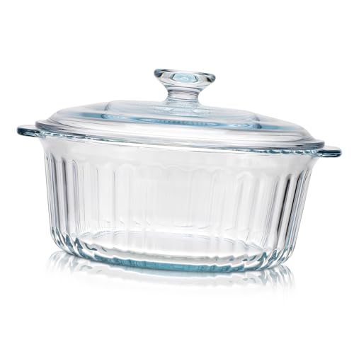 OUNONA Round Glass Casserole Dish with Lid Deep Baking Cookware for Safe Cooking Aesthetic High Borosilicate Glass Uniform Heat Distribution Versatile for Stewing and Braising