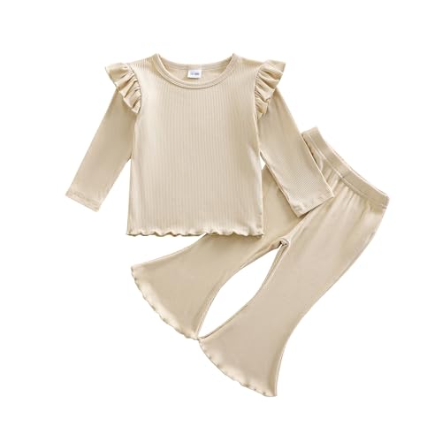 Kupretty Baby Girl Clothes Fall Solid Ribbed Knit Ruffle T-Shirt Tee & Flare Pants Set Toddler Bell-bottoms Outfit (Beige, 3-4T)