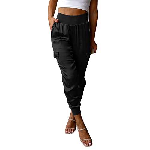 FUMOOD Womens Satin Jogger Pants Casual High Waist Pull on Lounge Trousers Casual Ankle Length Silky Satin Cargo Pants Black