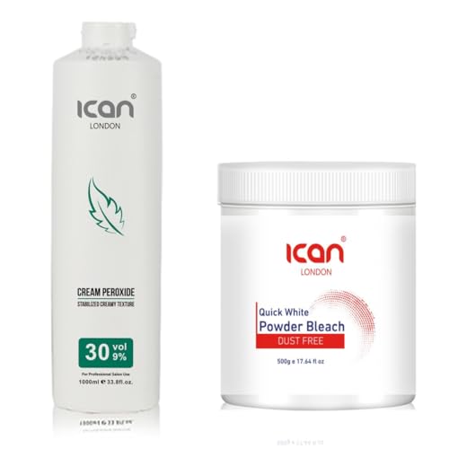 ICAN LONDON PROFESSIONAL CREAM PEROXIDE 30 VOL 9% 1000 ML + WHITE POWDER BLEACH (JAR)500 G SET