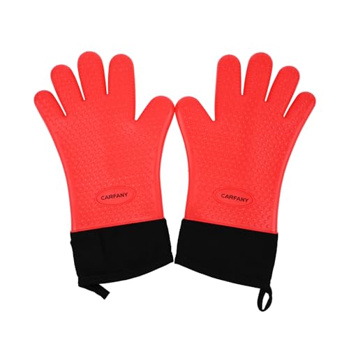 Carfany Heat Resistant Grilling Gloves for BBQ Silicone and Cotton Double-Layer Oven Mitts Waterproof Non-Slip Cooking Gloves (Red)