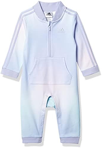 adidas baby girls Long Sleeve Zip Front Printed French Terry Coveralls and Toddler Sleepers, Purple With Multicolor, 9 Months US