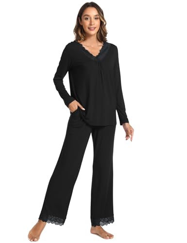 GYS Bamboo Viscose Women's Pajama Sets Long Sleeve Lace V-Neck Soft 2 Piece Sleep Set4