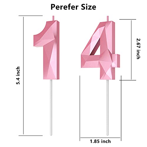 Number Birthday Candles(14 Candle Pink) 3D Diamond Shape 14th Happy Birthday Cake Topper Decorations for Girl Women Birthday Wedding Anniversary Celebration Theme Party Supplies - Thumbnail 2