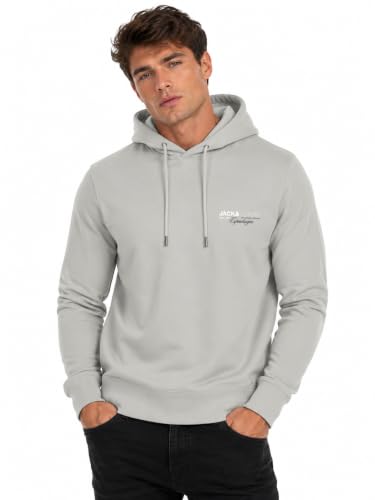 Image of JACK & JONES Mens Sweat Hoodie, Soft Cotton Blend Pullover Hooded Sweatshirt with Kangaroo Pocket, Gray Flannel Colour, UK Size - M