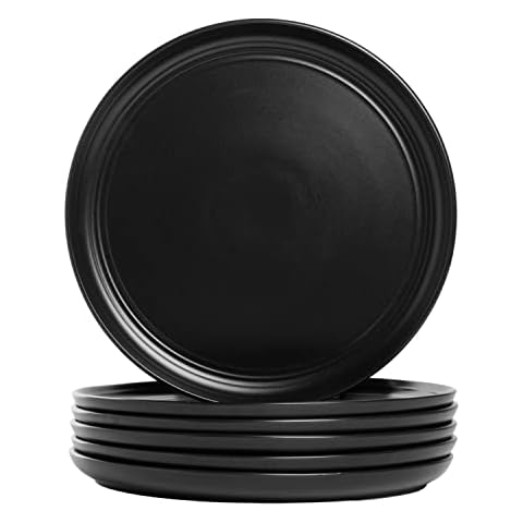 Set of 6 Matte Black Dinner Plates with Grooved Detailing Cover