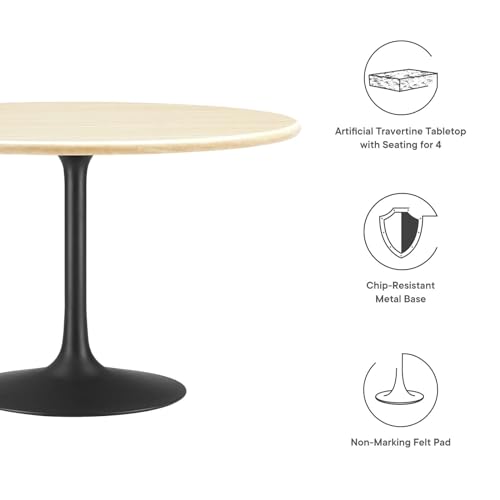 Image of Modway Lippa 48 inch Round Artificial Dining Table with Tapered, Metal Base, Black Travertine