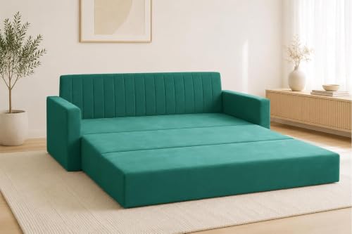 Image of Los Angeles Velvet Three-Seater Sofa Cum Bed with Armrest, Multipurpose Convertible Sleeper Couch Sofa for Living Room, Bedroom & Office- Green Color