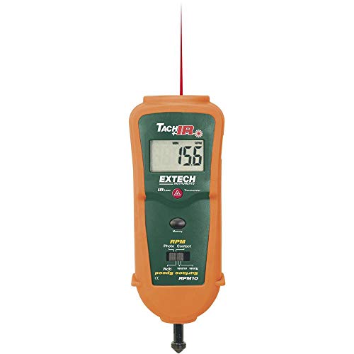 Image of Extech RPM10 Combination Tachometer with Infrared Thermometer | Photo 10-99999 and contact 0.5-20000 RPM, IR temp -4 to 600F, surface speed, 99999-count LCD, wheel, tape, case