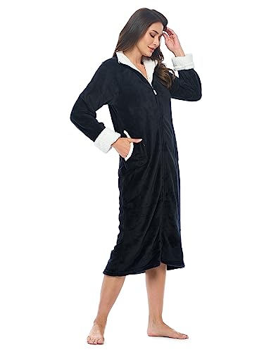 Casual Nights Women's Full Front Zip Up Plush Fleece Robe Housecoat, Black, Medium #TOP1