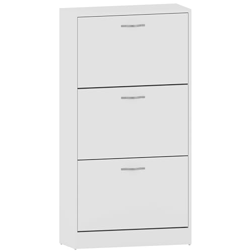 Vida Designs Shoe Cabinet Wooden Shoe Storage Unit with 3 Pull-Down Drawers Multifunctional Dust-Proof Space-Saving Slim Cupboard for Hallway or Entryway (White)