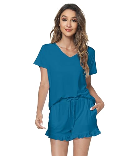 Image of WiWi Womens Pajamas Set Bamboo Viscose Super Soft Short Sleeve Top Ruffle Shorts Sleepwear Cooling Pj Sets S-XXL