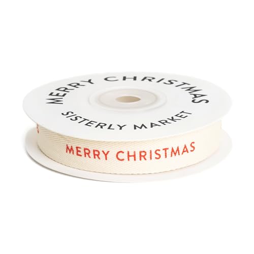Sisterly Market - Custom Herringbone Cotton Ribbon Natural 5/8 Inch Gift Ribbon with Merry Christmas Printed Phrase 10 Yards