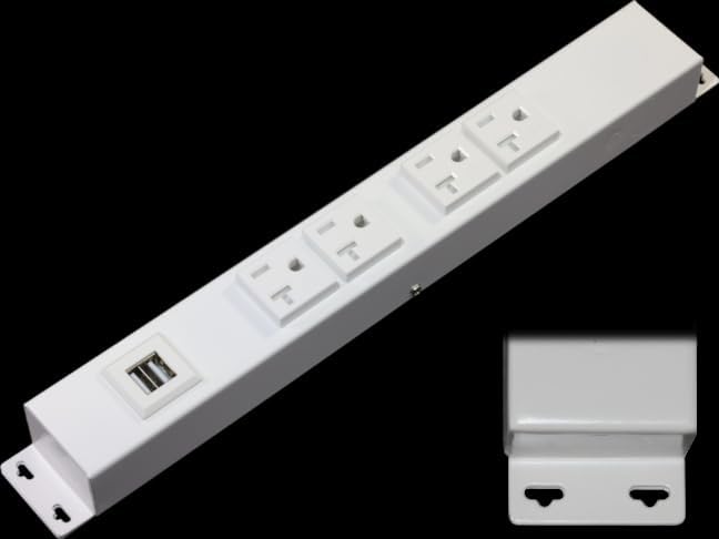 12” Hardwired Power Strip (NO Power Cord), 4 20A (NEMA 5-20R) Vertical Tamper Resistant Outlets, with Ears (with mounting tabs on Both Ends), USB, White