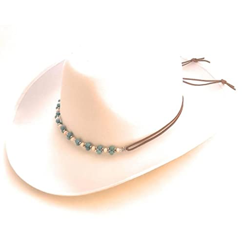Cowboy Hat Band Jewelry Turquoise Bead Cedar Wood Scallop Weave Micro Suede Leather Adjustable Sizing Boho Western #TOP1
