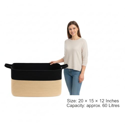 Image of Large Jute Cotton Rope Laundry Basket with Handle (20x15x12 Inches) | Tall Rectangular Clothes Hamper for Bathroom, Bedroom & Storage | Eco-Friendly Handwoven Organizer (Beige & Black)