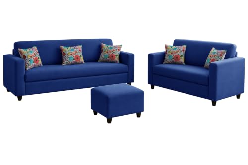 Image of Rosebell 3+2 Fabric Sofa Set with Ottoman | Premium Upholstery 5-Seater Sofa | with Printed Cushions | Living Room Furniture |Blue-Color