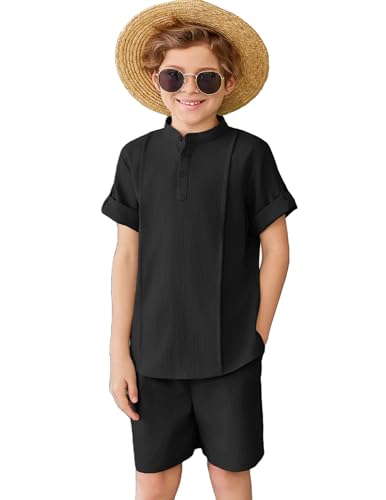 Image of Arshiner Boy's 2 Pieces Linen Sets Short Sleeve Henley Shirt and Shorts Summer Beach Matching Outfits 4-12 Years
