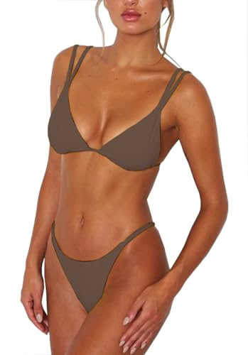 Image of Women's Sexy Thong Bottom Two Piece Bikini Double Shoulder Straps Cute Swimsuit Triangle Bathing Suit