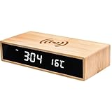 Sveglia digitale con ricarica wireless Qi, 10 W, display a LED, monitor della temperatura, 3 livelli di luminosità, design in legno di bambù